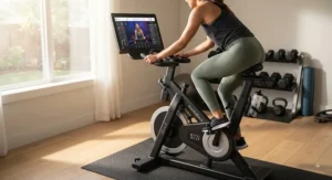 A person following a live virtual cycling class on an interactive alternative to a Peloton bike.