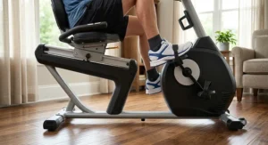 Close-up of a low step-through recumbent bike frame allowing easy mounting for people with knee injuries.