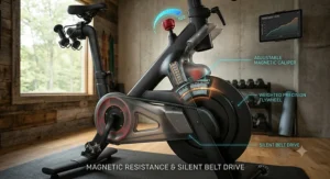 Diagram showing the silent magnetic resistance system and weighted flywheel on a spin bike