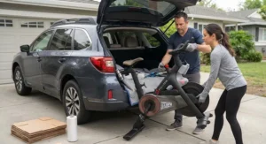 Two people carefully loading a used Peloton bike into the back of an SUV for transport.