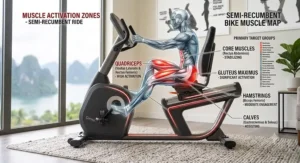 Anatomical diagram highlighting muscle activation in the quadriceps and glutes while riding a semi recumbent bike.