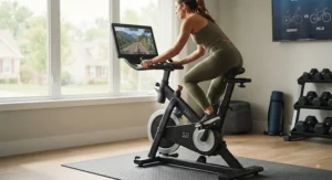 A cyclist riding an interactive training bike, often compared as a top peloton bike alternative.