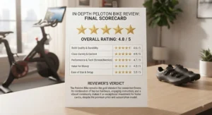 Final scorecard and star rating summary from an in-depth Peloton Bike review