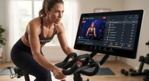 Peloton app interface highlighting the live leaderboard, workout tracking, and instructor-led classes.
