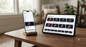A smartphone and tablet displaying the Peloton app workout library available with a digital subscription.