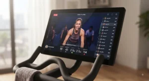 Close-up of the HD touchscreen display on the Peloton Bike showing a live fitness class