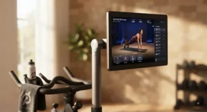 Close-up of the rotating touchscreen on the Peloton Bike Plus showing workout versatility