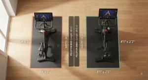 Top-down view showing the floor footprint and space requirements for Peloton Bike and Bike Plus