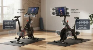 Visual representation comparing the audio output and speaker placement on both Peloton bike models