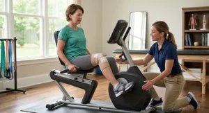 Woman doing gentle low-impact cardio on a recumbent bike during knee surgery rehabilitation.