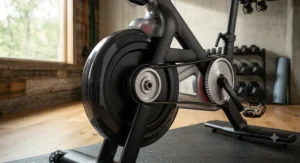 Detailed view of the smooth, low-maintenance belt drive mechanism on an indoor cycle