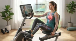 Illustration demonstrating cardiovascular health benefits and aerobic conditioning on a recumbent exercise bike.
