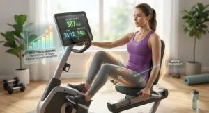 Artwork illustrating effective calorie burning and weight management benefits on a recumbent bike.