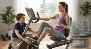 Illustration of safe post-injury rehabilitation and physical recovery using a recumbent exercise bike.