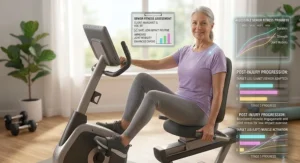 Illustration showing accessible senior fitness benefits and stability on a comfortable recumbent bike.