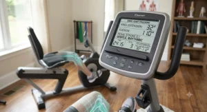 Digital LCD display console on a recumbent exercise bike tracking metrics for safe knee joint recovery.