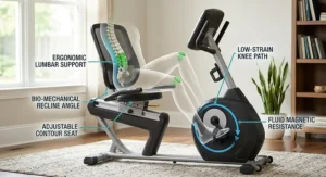 Diagram highlighting ergonomic lumbar support and low knee strain on a recumbent stationary bike.