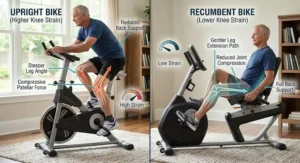 Comparison illustration showing lower knee joint pressure on a recumbent bike versus an upright bike.