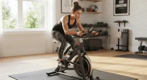 Fitness enthusiast powering through a high-intensity cardio workout on a traditional chain drive spin bike.