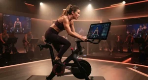 Fitness enthusiast riding a Peloton indoor cycle during a high-intensity studio cycling class.