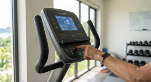 Digital monitor console on a semi recumbent bike displaying heart rate and distance metrics.