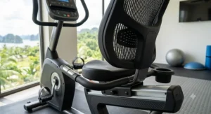 Detailed view of the padded seat and lumbar back support on a semi recumbent bike.