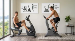 Comparison illustration showing posture differences between a semi recumbent bike and an upright bike.