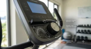 Close-up diagram showing the adjustable magnetic resistance control on a semi recumbent exercise bike.