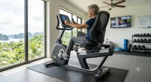 An active senior practicing low-impact cardio exercise on a semi recumbent bike.