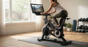 A high-tech stationary bike with an integrated touch screen screen, showcasing popular peloton bike alternatives.