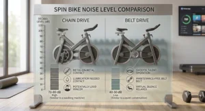 Infographic showing decibel and noise level differences between belt drive and chain drive spin bikes.