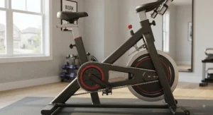 A side profile of the heavy-duty steel frame construction on a chain driven indoor cycling bike for stability.