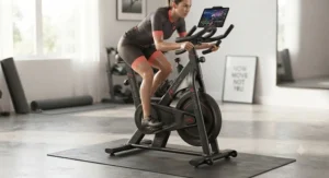 A cyclist maintaining proper form while riding the Echelon EX5 during an intense cardio workout session.