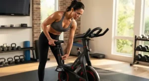 Fitness enthusiast adjusting the seat height and handlebars before riding her best echelon bike.
