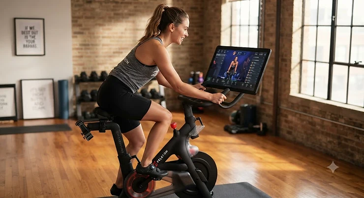 A woman riding a Peloton exercise bike at home while streaming a live cycling class via the all-access subscription.