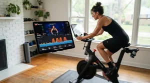 An illustration highlighting an affordable connected fitness bike deal that includes a free workout app subscription.