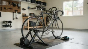 An entry-level zwift compatible bike positioned on a wheel-on trainer in a garage