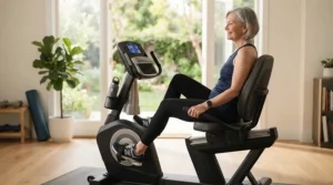 A senior adult safely using a backrest-integrated ergonomic exercise bike seat for low-impact physical activity