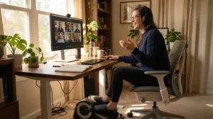Multitasking during a video conference call using the best desk bike in a home office.