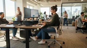 An employee staying active during work hours with the best desk bike in a modern corporate setting.