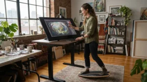 A graphic designer editing digital artwork while utilizing the best desk bike.