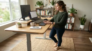 A remote professional typing on a laptop while using the best desk bike in a cozy apartment.