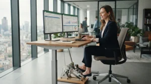 An office worker boosting productivity and health using the best desk bike.
