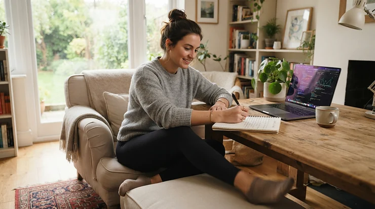 A freelance writer drafting a novel on a laptop paired with the best desk bike.