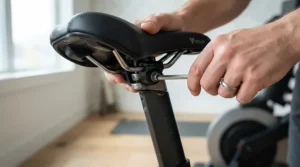Close-up view of attaching a new bike seat for peloton during a DIY home replacement
