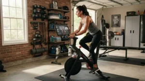 Fitness enthusiast using a stationary bike with built in classes in a garage gym