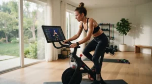Rider following an immersive video on an exercise bike with built in classes