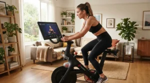 Woman riding an exercise bike with built in classes in a modern suburban living room