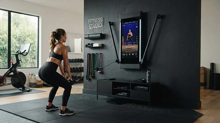High tech exercise bike with built in classes positioned in a dedicated workout room