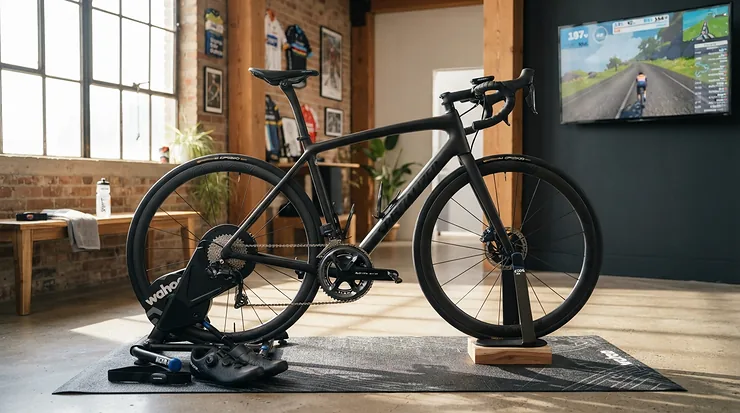 A premium carbon fiber zwift compatible bike locked into a high-end smart trainer
